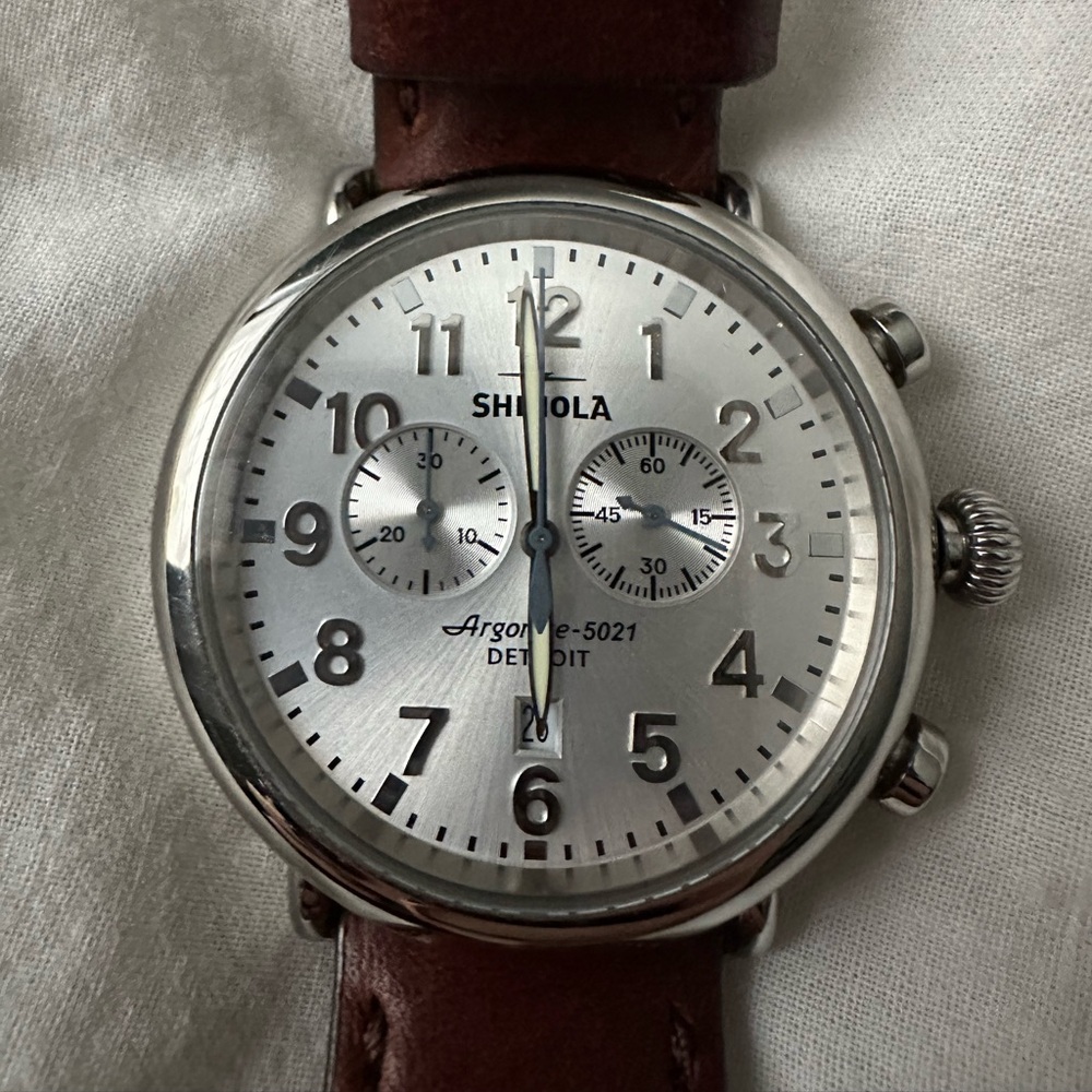 Shinola Silver Chronograph Watch with Brown Leather Strap